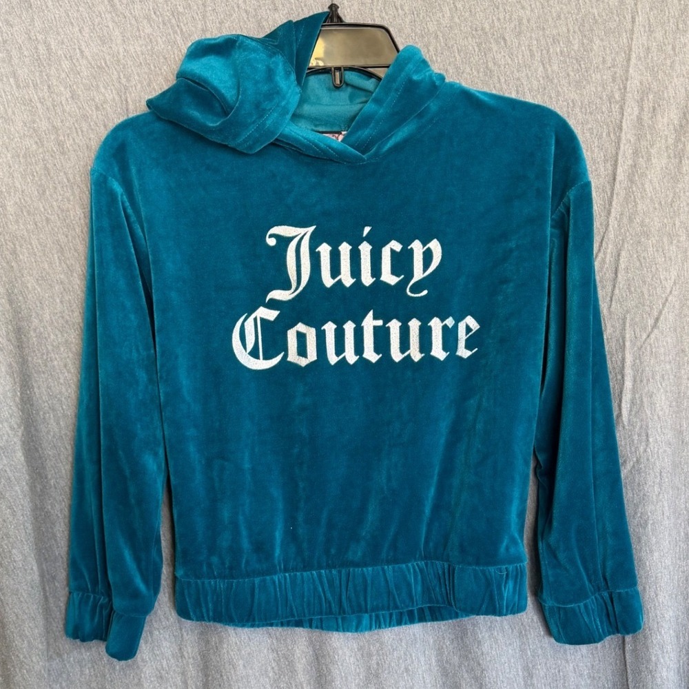 Juicy Couture Velour Hoodie Teal‎ Blue Glitter Logo Y2K Style Girls Size M 8-10